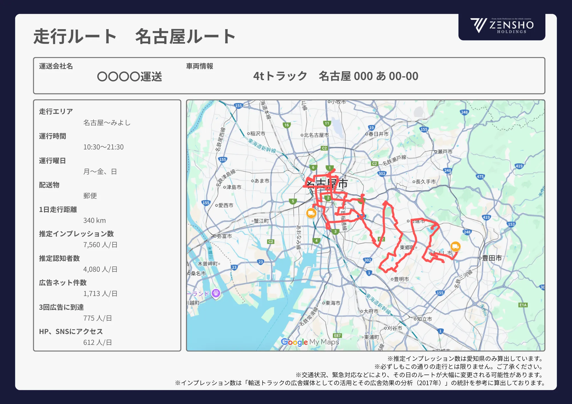貨物トラック広告 トラミル 走行ルート例 名古屋ルート