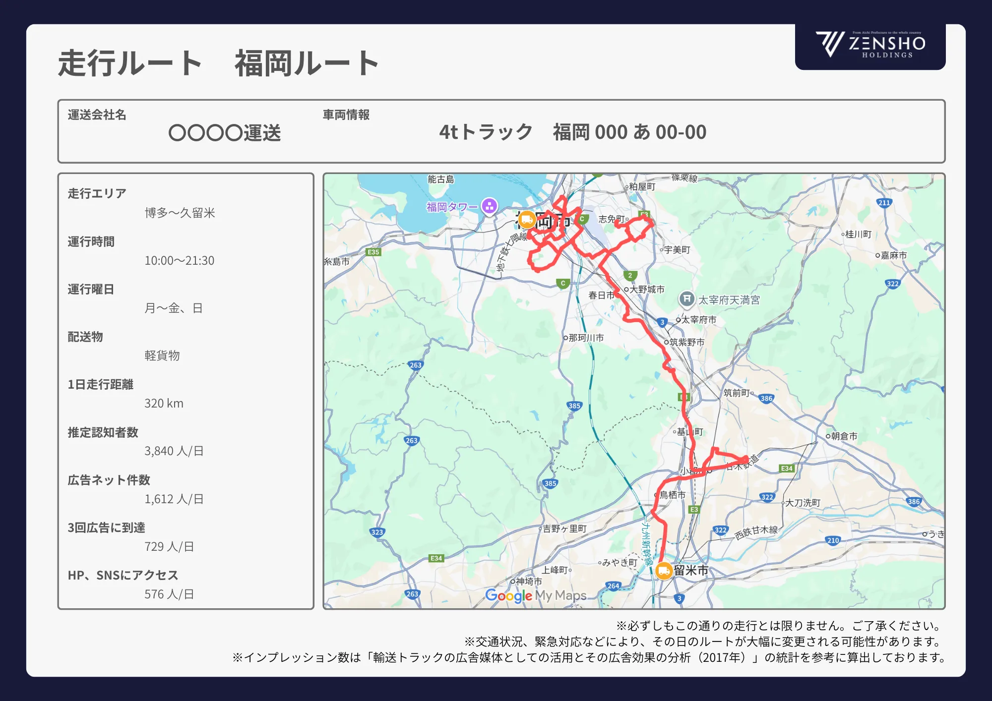 貨物トラック広告 トラミル 走行ルート例 福岡ルート